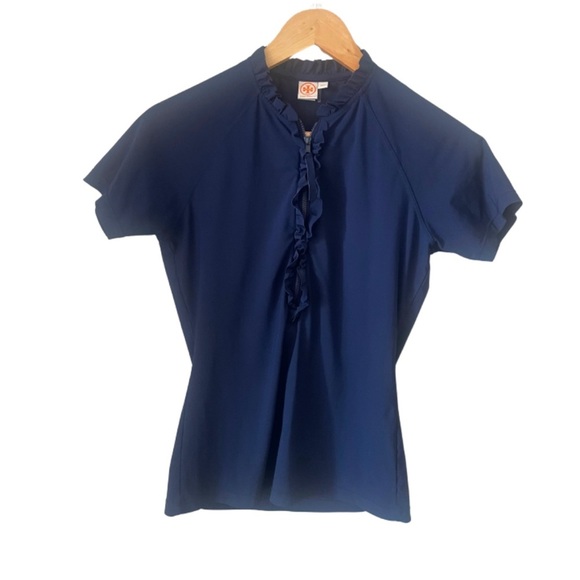Tory Burch Top Navy Medium Zipper Ruffle Detail Golf Sporty Nautical Athleisure - Picture 1 of 6